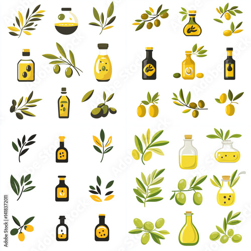 A collection of olive oil bottles and olive branches illustration