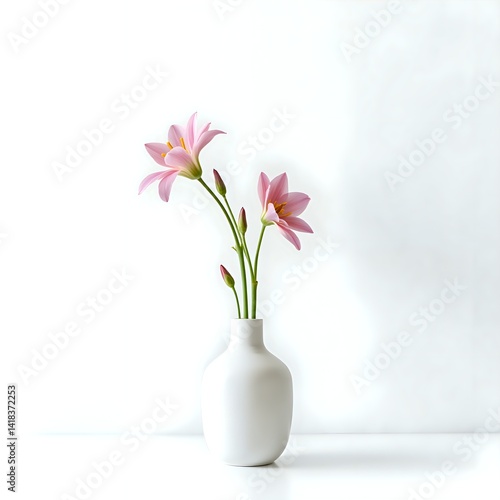 Beautiful pink flowers in a minimalist white vase on a clean background, photography of still life concept.