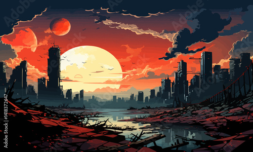 ruined city, ruined buildings, vector, flat, isolated
