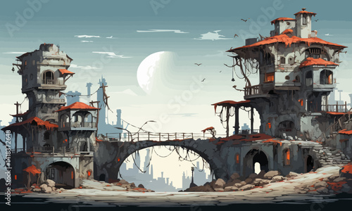 ruined city, ruined buildings, vector, flat, isolated
