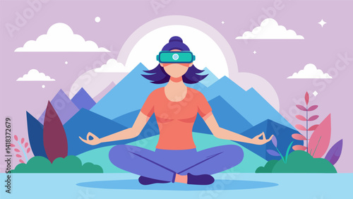 A virtual reality yoga experience that combines guided poses with calming nature visuals and soothing music for a holistic workout.. Vector illustration