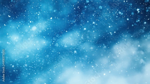 A blue background with falling snow and white clouds. Winter atmosphere.