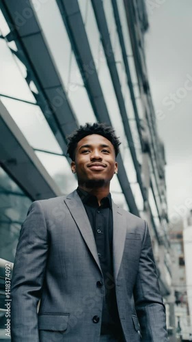 Wallpaper Mural Young adult African American businessman wearing suit against modern office building exterior looking up hopefully Torontodigital.ca