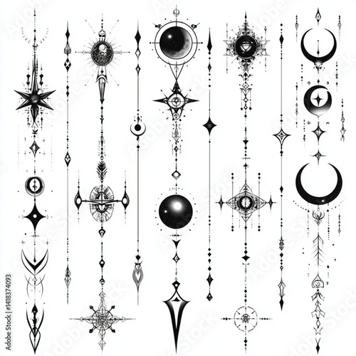 A collection of ornate celestial inspired tattoo design elements