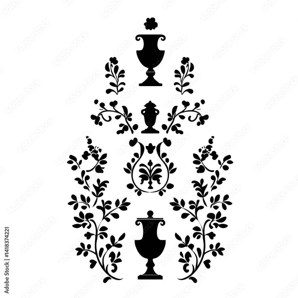 Ornate black floral pattern with symmetrical design featuring vases and intricate leaves, creating elegant and classic look. detailed motif is reminiscent of vintage wallpaper or textile designs Ornate black floral pattern with symmetrical design featuring vases and intricate leaves, creating elegant and classic look. detailed motif is reminiscent of vintage wallpaper or textile designs