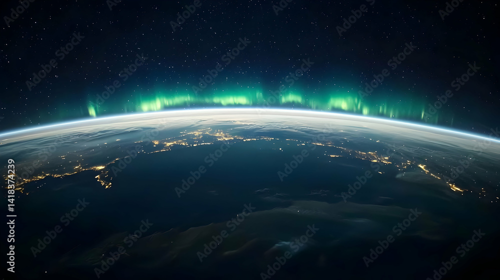 Fototapeta premium Earth At Night With Aurora And City Lights