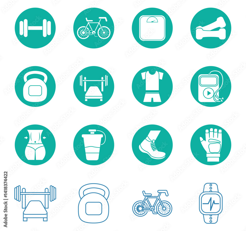 Vector Illustration Collection of Sixteen Simple Circular Gym and Fitness Icons in Blue and White on a Teal Background, Including Equipment, Apparel, and Accessories. Vector Illustration Collection of Sixteen Simple Circular Gym and Fitness Icons in Blue and White on a Teal Background, Including Equipment, Apparel, and Accessories.