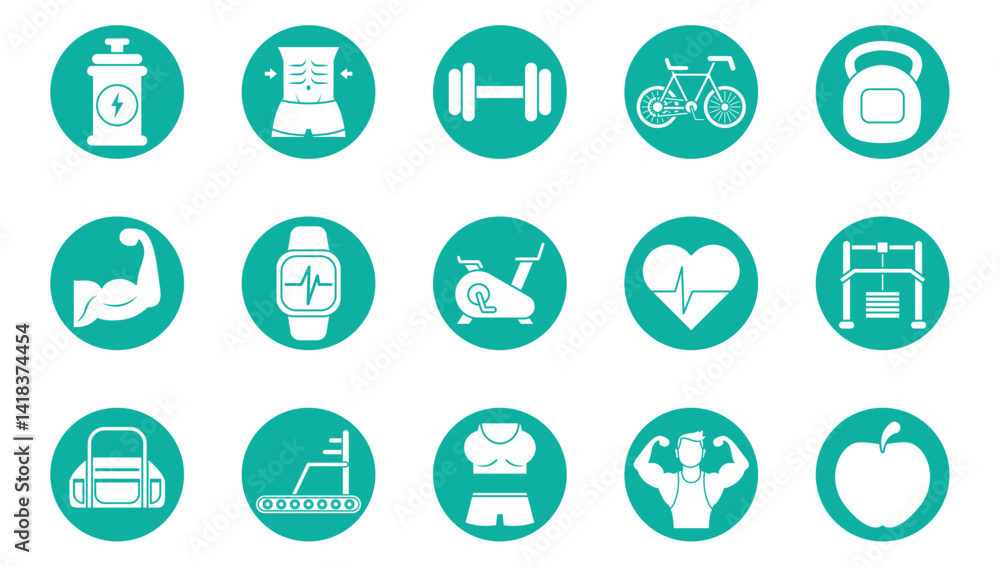 Vector Illustration Set of Fifteen Simple Circular Gym and Fitness Icons in White Silhouette on Teal Backgrounds, Including Weights, Supplements, Equipment, and Health Symbols. Vector Illustration Set of Fifteen Simple Circular Gym and Fitness Icons in White Silhouette on Teal Backgrounds, Including Weights, Supplements, Equipment, and Health Symbols.