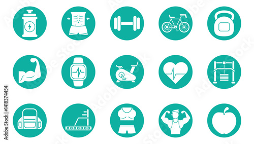 Vector Illustration Set of Fifteen Simple Circular Gym and Fitness Icons in White Silhouette on Teal Backgrounds, Including Weights, Supplements, Equipment, and Health Symbols.