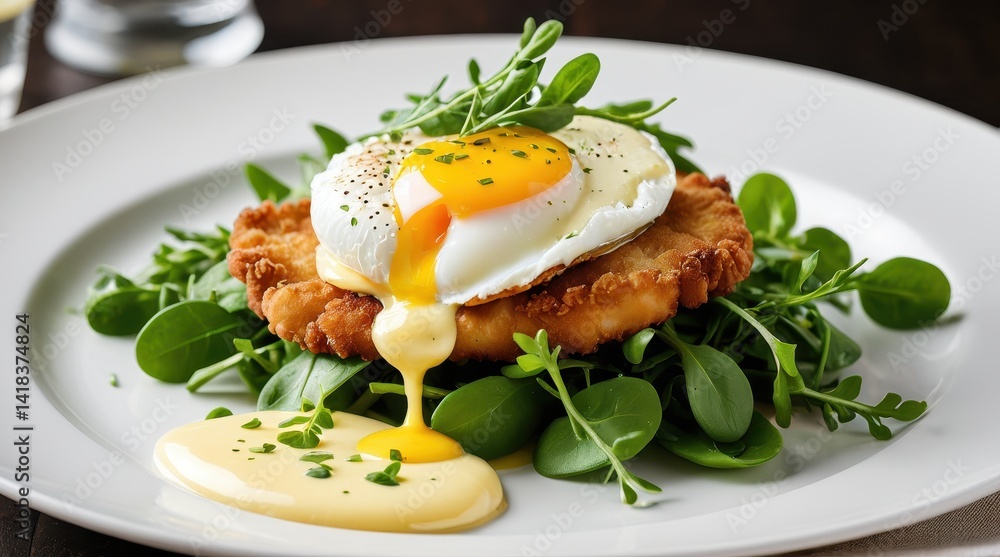Crispy chicken schnitzel topped with creamy poached eggs and fresh greens, drizzled with hollandaise sauce on a plate, with a glass of orange juice in the background Crispy chicken schnitzel topped with creamy poached eggs and fresh greens, drizzled with hollandaise sauce on a plate, with a glass of orange juice in the background