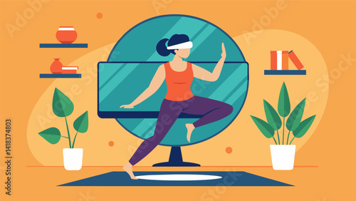 Elevate your athome yoga practice with the help of a VRintegrated fitness mirror creating an immersive and meditative workout experience.. Vector illustration