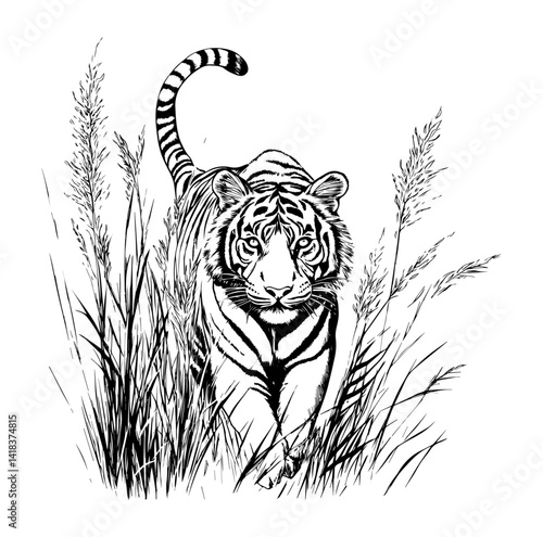 A black and white line drawing of a tiger walking through tall grass