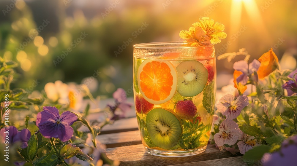 A refreshing fruit drink in a glass, surrounded by flowers in the sunshine. A refreshing fruit drink in a glass, surrounded by flowers in the sunshine.