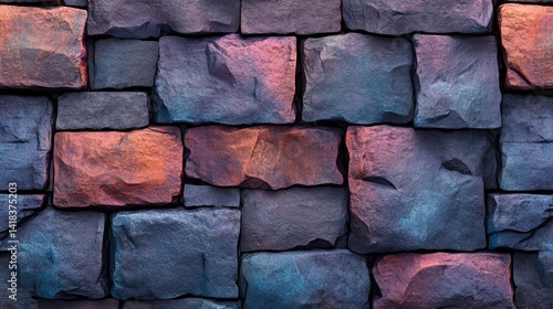 Multi-hued stone blocks form a repeating wall pattern.