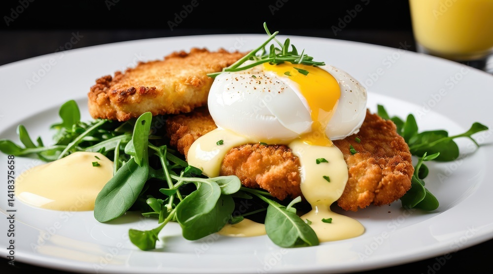Crispy chicken schnitzel topped with creamy poached eggs and fresh greens, drizzled with hollandaise sauce on a plate, with a glass of orange juice in the background Crispy chicken schnitzel topped with creamy poached eggs and fresh greens, drizzled with hollandaise sauce on a plate, with a glass of orange juice in the background