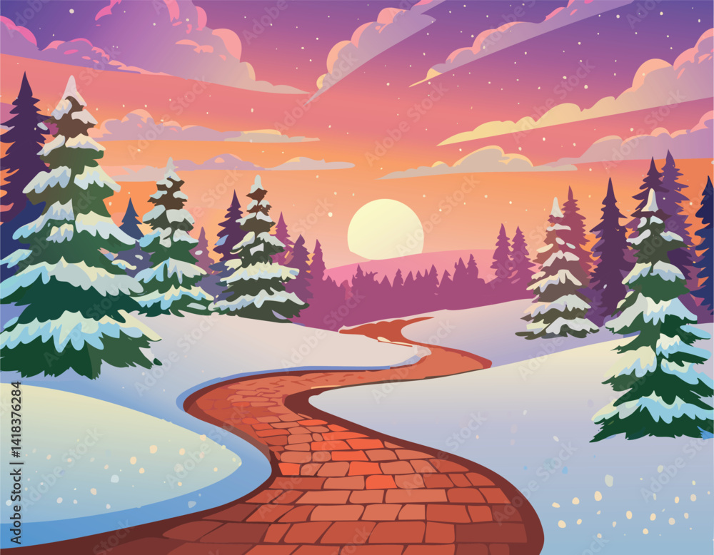 Naklejka premium serene winter landscape with snow-covered brick path, pine trees, and stunning sunset sky in warm orange, pink, and purple hues, peaceful nature scene