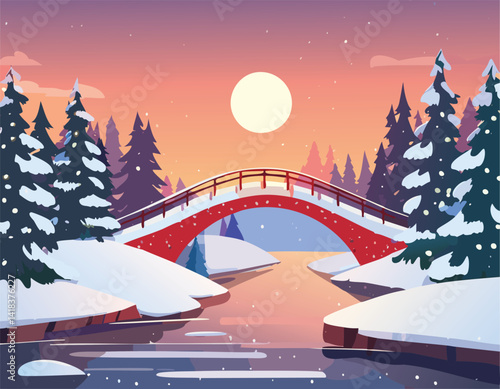 red arched bridge over snowy river in pine forest at sunset vector