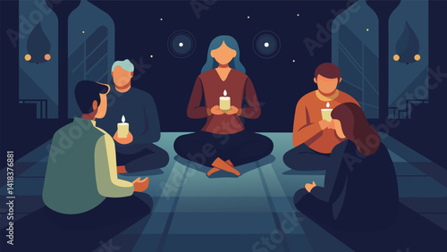 In a dimly lit room a group of people sit on the floor with candles in hand their heads bowed in silent prayer.. Vector illustration