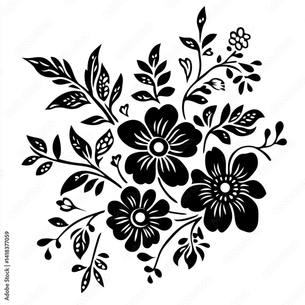 Floral design with flowers and leaves in black and white drawing Floral design with flowers and leaves in black and white drawing