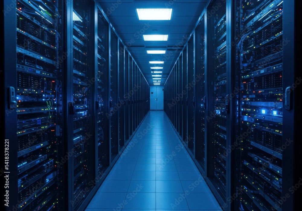 A long hallway in a server room with many racks, providing data storage and cloud services. A long hallway in a server room with many racks, providing data storage and cloud services.