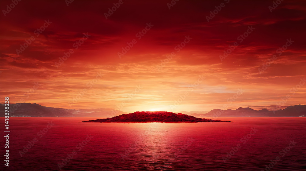 Fototapeta premium Fiery Red Sunset Over Island Cityscape