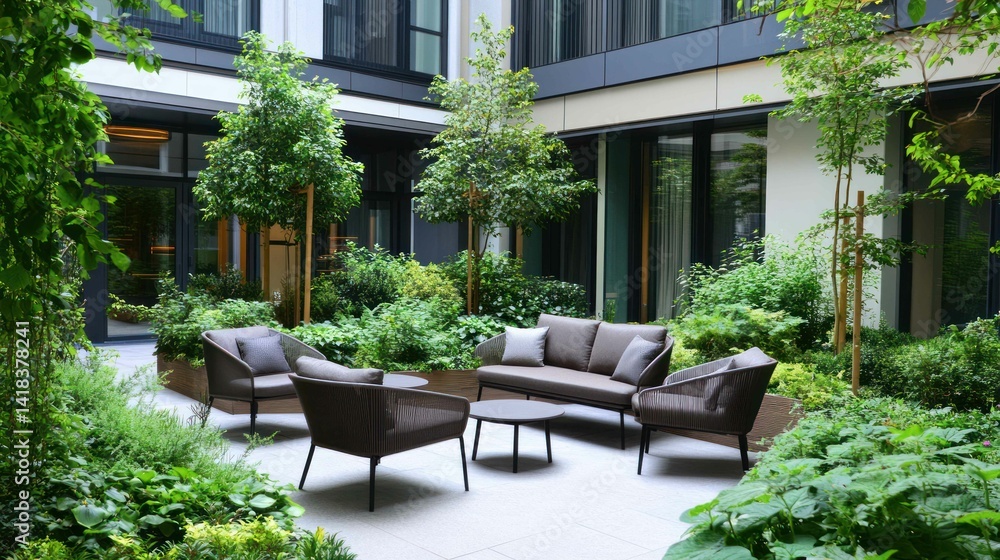 Naklejka premium Inviting courtyard with seating, lush plants, and modern architecture.