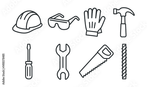 Line vector icons of construction and repair: construction helmet, safety glasses, gloves, hammer, screwdriver, wrench, saw, rebar.