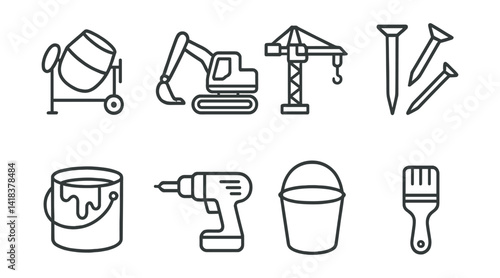 Line vector icons of construction and repair: concrete mixer, excavator, crane, nails, paint, drill, bucket, brush.