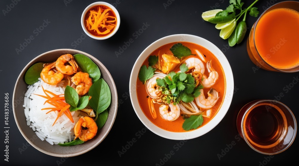 A steaming bowl of tom yum soup with shrimp, garnished with herbs and accompanied by a tall glass of orange juice on a wooden table A steaming bowl of tom yum soup with shrimp, garnished with herbs and accompanied by a tall glass of orange juice on a wooden table