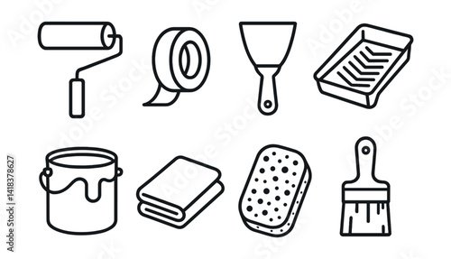 Line vector icons of construction and repair: paint roller, masking tape, scraper, roller tray, paint pot, drop cloth, sponge, brush.