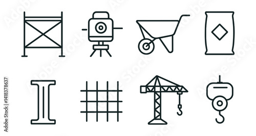 Line vector icons of construction and repair: scaffold, laser level, wheelbarrow, concrete bag, support beam, reinforcement mesh, crane, hoist.