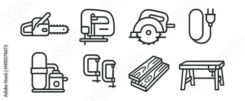 Line vector icons of construction and repair: scaffold, laser level, wheelbarrow, concrete bag, support beam, reinforcement mesh, crane, hoist.
