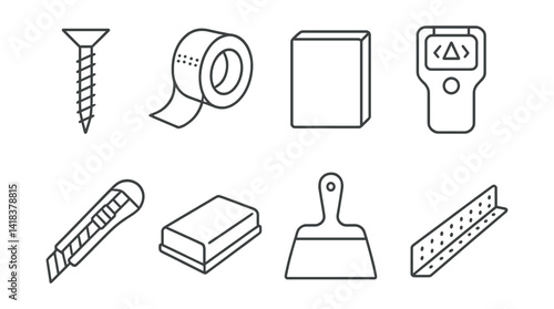 Line vector icons of construction and repair: drywall screw, joint tape, gypsum board, stud finder, cutter knife, sanding block, taping knife, corner bead.