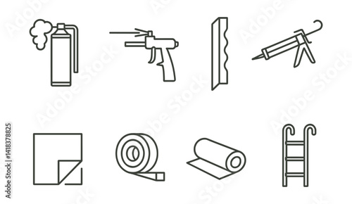 Line vector icons of construction and repair: insulation foam, spray gun, weather seal, caulking gun, plastic sheet, expansion tape, bitumen roll, ladder hook.