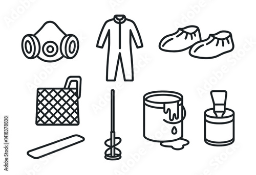 Line vector icons of construction and repair: paint mask, coveralls, shoe covers, paint grid, mixing stick, stirrer drill bit, pigment can, color tester.