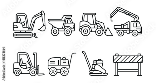 Line vector icons of construction and repair: mini excavator, dumper, loader, concrete pump, forklift, trench roller, compacting plate, site barrier.
