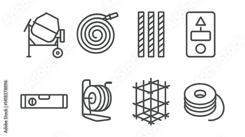 Line vector icons of construction and repair: cement mixer, water hose, foundation rod, laser tape, digital level, hose reel, reinforcement cage, tie wire.