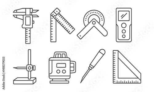 Line vector icons of construction and repair: digital caliper, folding ruler, angle finder, laser measurer, surface gauge, line laser, scribing tool, angle square.