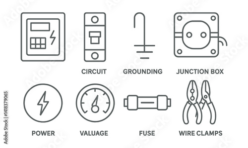 Line vector icons of construction and repair: electric panel, circuit breaker, grounding wire, junction box, power indicator, voltage gauge, fuse holder, wire clamps.
