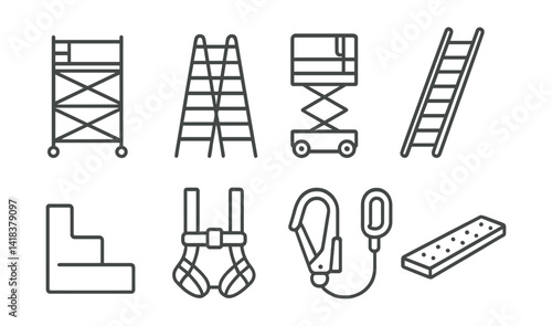 Line vector icons of construction and repair: mobile scaffold, telescopic ladder, platform lift, extension ladder, stair tool, safety strap, harness hook, scaffold plank.