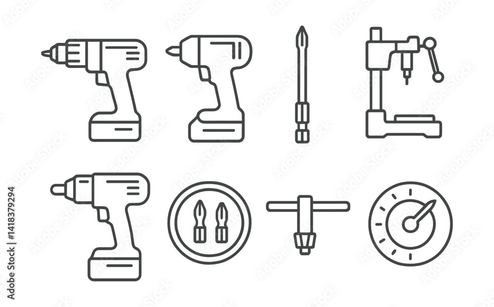 Line vector icons of construction and repair: electric drill, impact driver, bit holder, drill stand, cordless tool, magnetic bit tray, chuck key, torque setting. Line vector icons of construction and repair: electric drill, impact driver, bit holder, drill stand, cordless tool, magnetic bit tray, chuck key, torque setting.