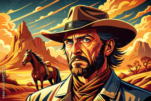 Landscape Sunset illustration of a cowboy portrait and horse in the desert