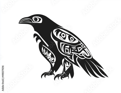 A stylized raven illustration in black and white with tribal patterns