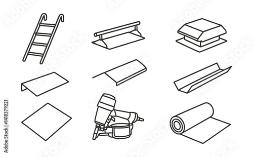 Line vector icons of construction and repair: roof ladder, snow guard, ridge cap, roof vent, flashing panel, shingle nailer, valley tray, underlayment roll.