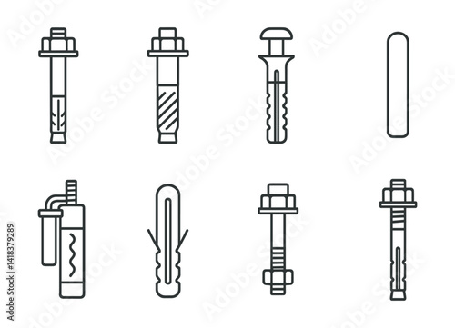 Line vector icons of construction and repair: anchor bolt, concrete anchor, expansion plug, dowel pin, chemical anchor, wall plug, steel fastener, anchor sleeve.