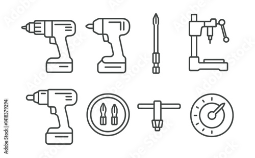 Line vector icons of construction and repair: electric drill, impact driver, bit holder, drill stand, cordless tool, magnetic bit tray, chuck key, torque setting.