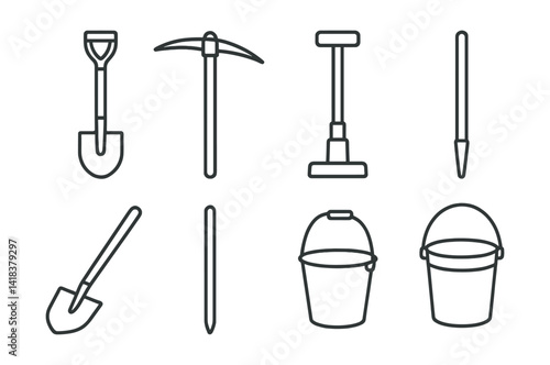Line vector icons of construction and repair: trench shovel, pickaxe, mattock, soil tamper, digging bar, garden hoe, ground rod, site bucket.