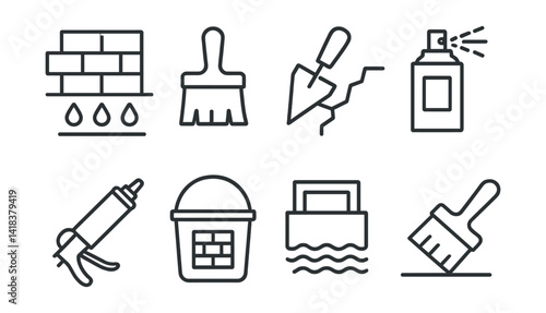 Line vector icons of construction and repair: waterproof coating, bitumen brush, crack filler, primer spray, foundation sealant, wall sealer, damp proof icon, sealing brush.