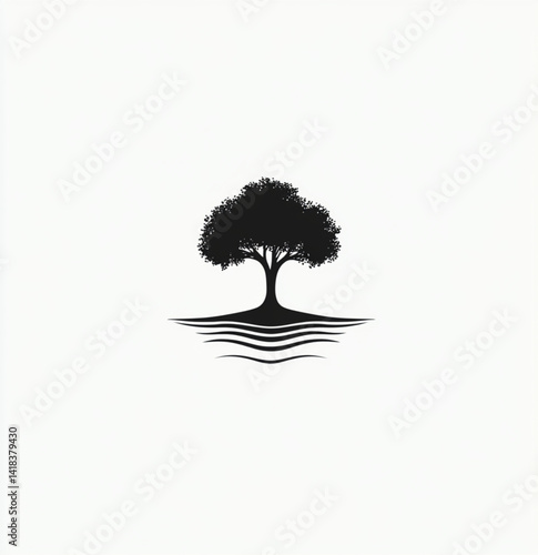 A solitary black tree with a full crown and stylized roots on white background