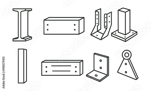 Line vector icons of construction and repair: steel column, floor beam, joist hanger, post base, wall stud, ledger board, bracket plate, anchor point.